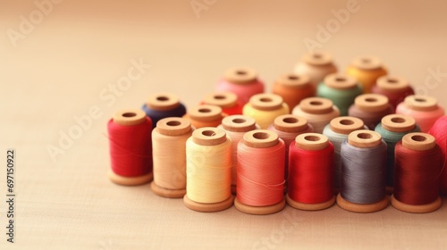 Sewing threads of different colors on a beige background.
