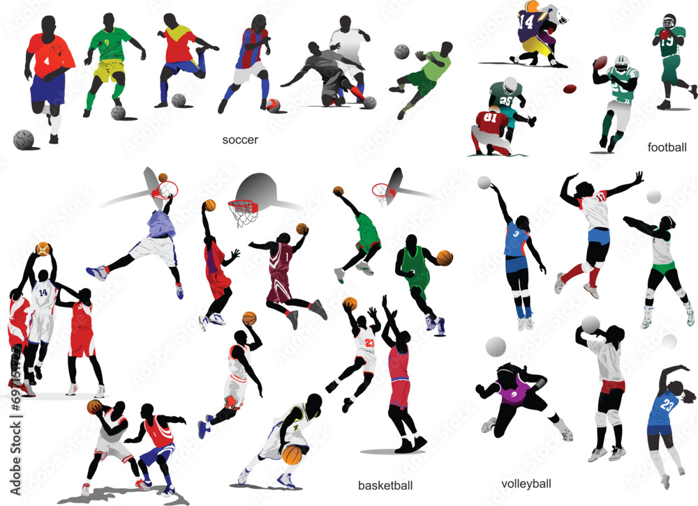 Games with ball. Soccer, football, basketball, volleyball. Vector illustration