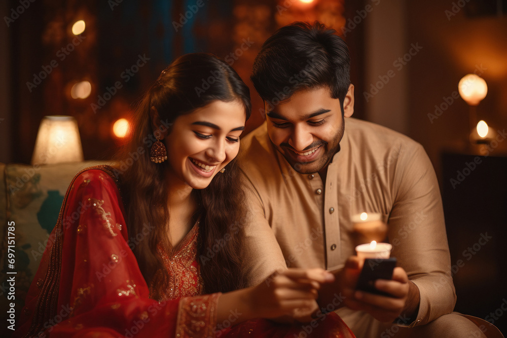 young indian couple using smartphone at home