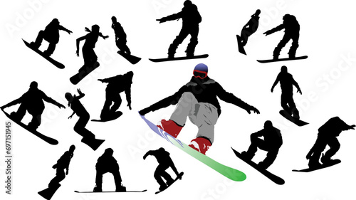 Snowboard man silhouettes. Vector illustration
