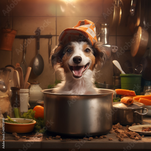 An happy dog halfway out of a pot on the stove. happy animal inside kitchen