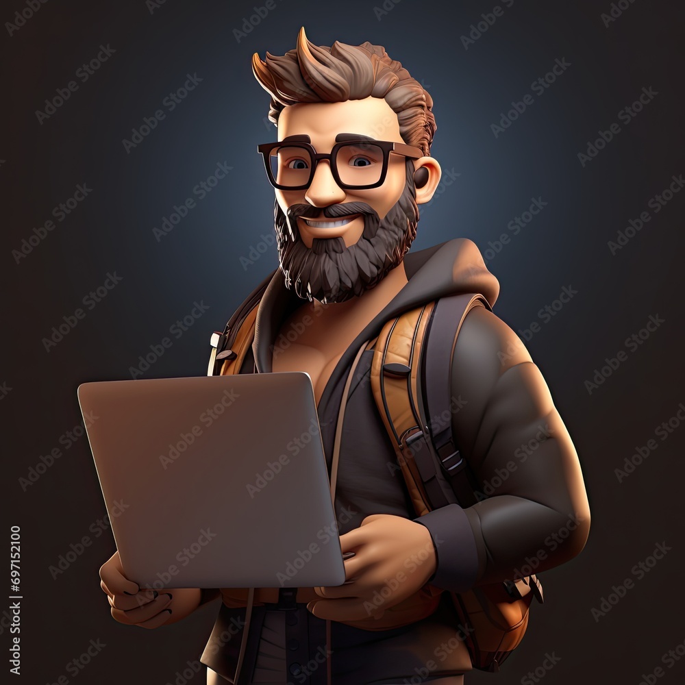 A 3D figure of a man is portrayed holding a laptop A 3D figure of a man is portrayed holding a laptop