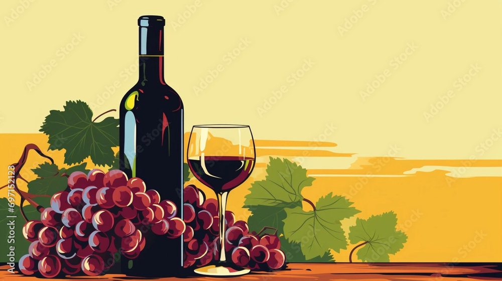 copy space, vector illustration, bottle and glass of wine with grapes, National Wine Day greeting card, grapes fruit with a glass of wine and a bottle. Glass filles with wine, some grapes and a winebo