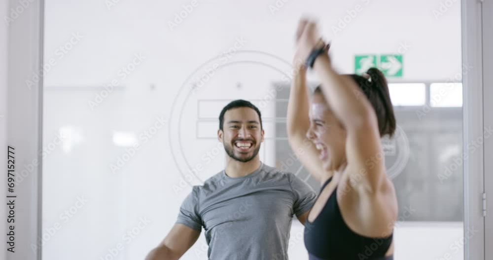People, happy woman or high five in gym for fitness exercise or workout with success, teamwork or support. Sand bag, motivation or excited group of proud athletes, men or women in community for goals