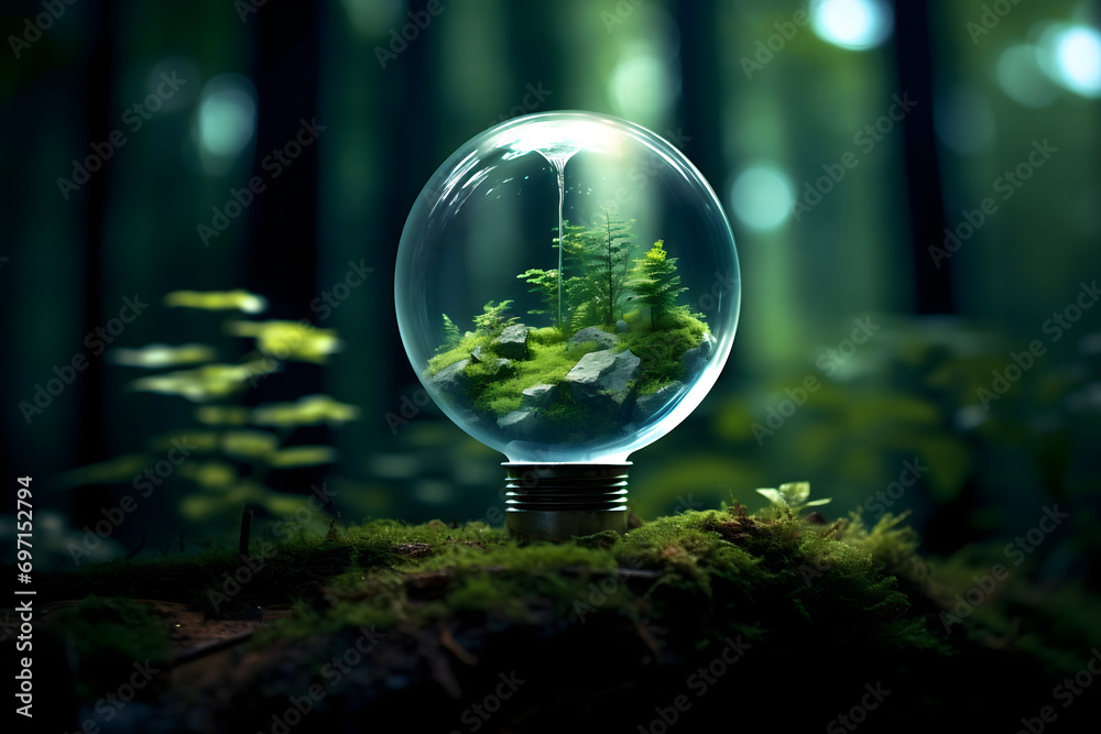 renewable energy light bulb with green energy, Earth Day or environment protection Hands protect forests that grow on the ground and help save the world, solar panels