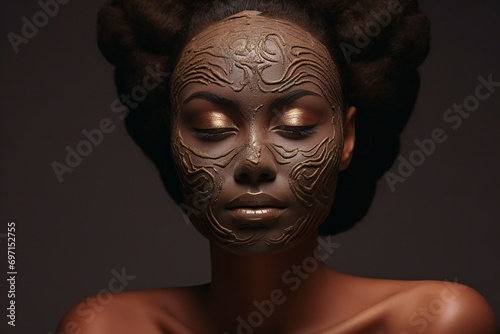 Cropped shot of relaxed dark skinned woman has smile, , applies clay mask, Afro hairstyle, enjoys softness of skin, isolated over dark background. Facial treatments
