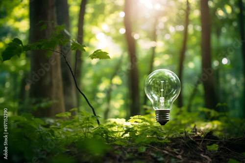 renewable energy light bulb with green energy, Earth Day or environment protection Hands protect forests that grow on the ground and help save the world, solar panels photo