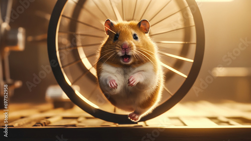 Funny and Adorable Rodent in Motion on a Metal Spoke Wheel photo