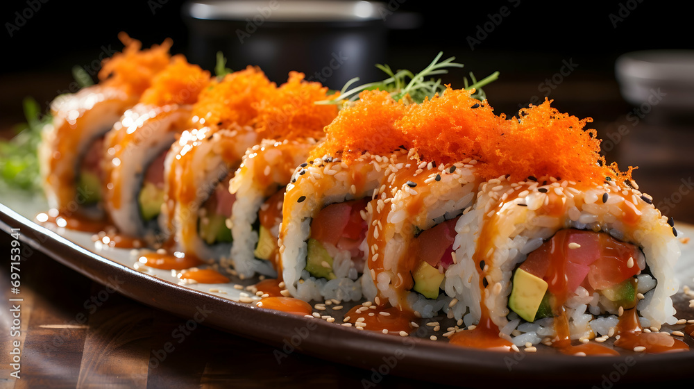 Assorted sushi on a plate, fresh and ready to enjoy, Japanese traditional cuisine Assorted sushi on a plate, fresh and ready to enjoy, Japanese traditional cuisine