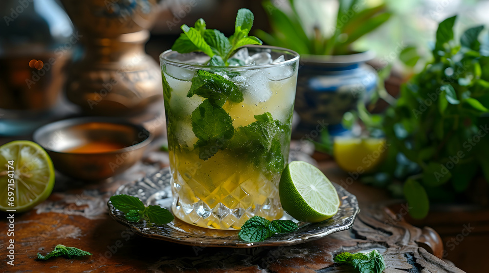 A refreshing mojito cocktail with lime, mint, and ice served on a rustic wooden tray surrounded by green plants A refreshing mojito cocktail with lime, mint, and ice served on a rustic wooden tray surrounded by green plants