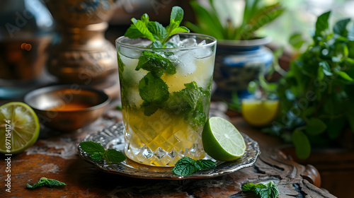 A refreshing mojito cocktail with lime, mint, and ice served on a rustic wooden tray surrounded by green plants