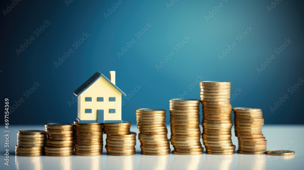 Stacks of coins next to houses on a wooden surface against a blue background Stacks of coins next to houses on a wooden surface against a blue background