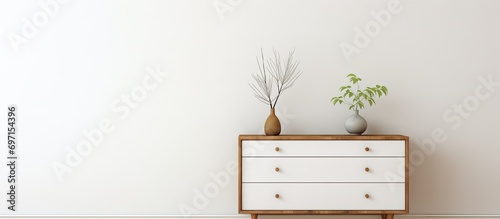 Double-drawer nightstand with vintage wood, adorned by ornaments and a picture frame, accompanied by a wall mirror, in a bright modern living room with a white wall and wooden floor. photo