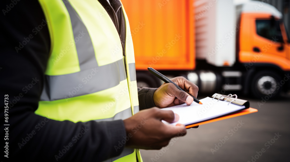 Close-up of a person's hand holding a pen and writing on a clipboard, wearing a safety reflective vest, with a delivery vehicle in the background.