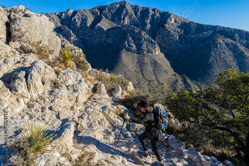 Female Hiker Ascending The Guadalupe Peak Trail, Guadalupe Mountains National Park, Texas, USA