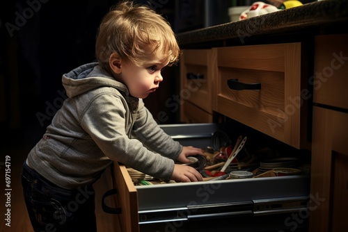 Unguided Child exploring kitchen drawer. Cute person. Fictional person. Generate Ai photo