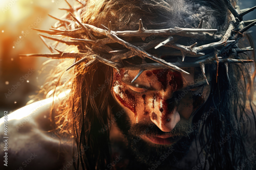 The path of Jesus through the crowd of unbelievers to Calvary. Jesus experiences pain while wearing the crown of thorns. - obrazy, fototapety, plakaty 