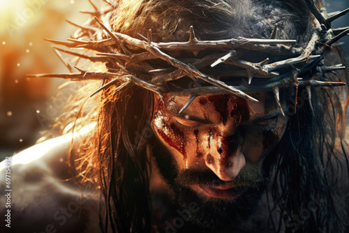 The path of Jesus through the crowd of unbelievers to Calvary. Jesus experiences pain while wearing the crown of thorns. photo