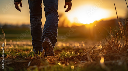 Person is walking down a rural path through a field at sunset photo