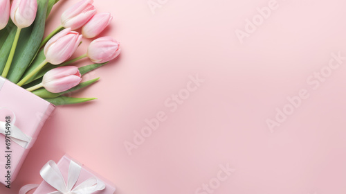 Gift box with a satin ribbon surrounded by pink tulips and delicate petal decorations on a pastel pink background © MP Studio