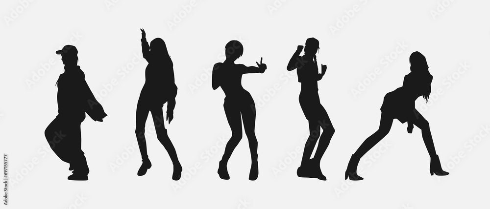 set of five female dancer silhouettes. street dancers with various different styles, poses, movements. vector illustration. - obrazy, fototapety, plakaty 
