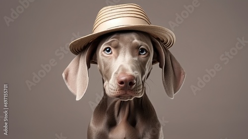 portrait of weimaraner dog in stylish hat, canine isolated on clean background photo