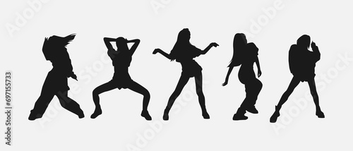 set of five female dancer silhouettes. street dancers with various different styles, poses, movements. vector illustration.