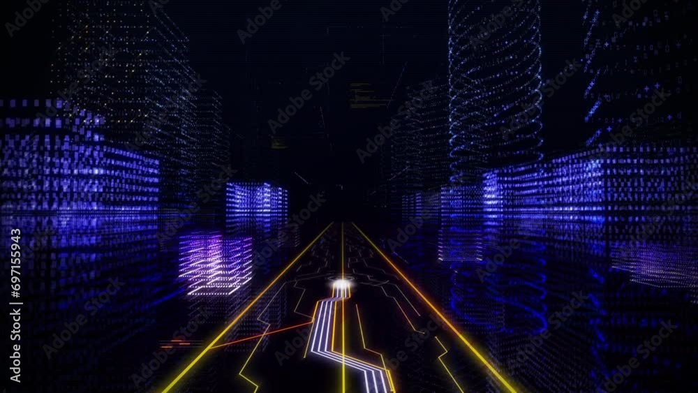 Digital Environment. Data Streams are Being Processed by the Golden Motherboard. A hologram is Being Created. The text Video Games with White and Blue Edges has Appeared. Virtual Reality. 3D animation