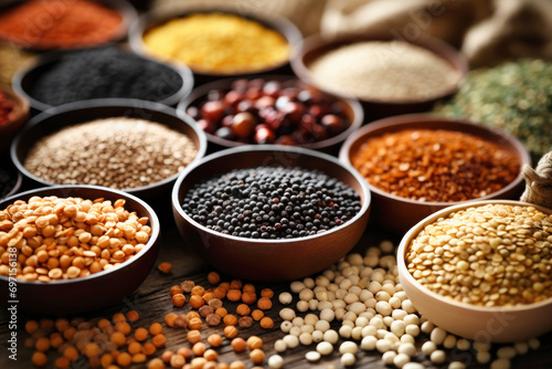 Assorted different types of beans and cereals grains. Set of indispensable sources of protein for a healthy lifestyle. Quality food. Healthy eating concept. photo