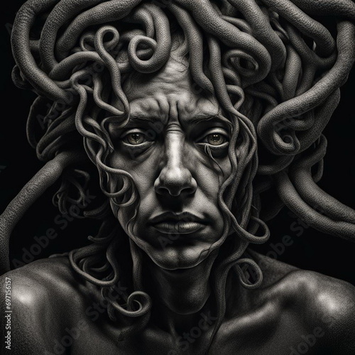 Monochrome portrait of a Medusa.