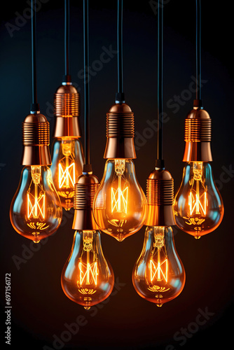 A bunch of black isolated Vintage light bulbs hanging from a ceiling.