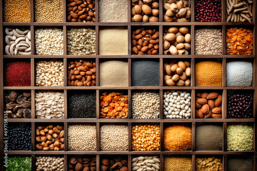 Assorted different types of beans and cereals grains. Set of indispensable sources of protein for a healthy lifestyle. Close-up. View from above.
