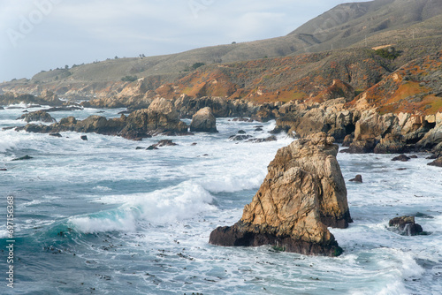 Canvas Print Rocky coast line of Big Sure with wave crashing over seaweed patch