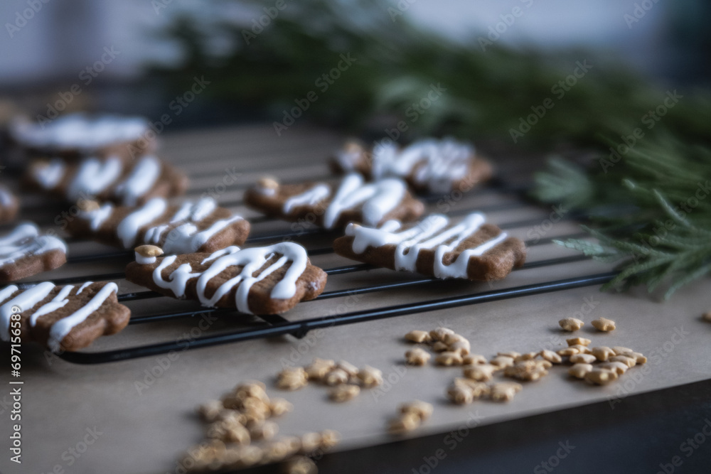 Cut-out gingerbread cookies with sprinkles on baking rack.