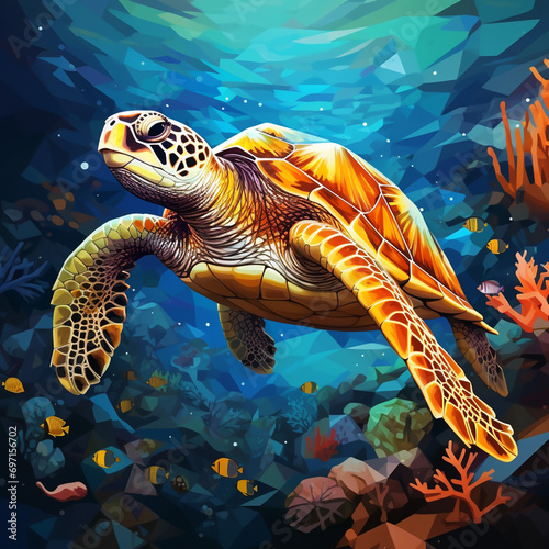 A huge sea turtle swims in the deep blue ocean with a variety of corals and fish on its back  Generate AI.
