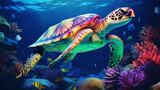 A huge sea turtle swims in the deep blue ocean with a variety of corals and fish on its back, Generate AI.