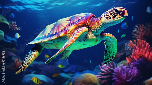 A huge sea turtle swims in the deep blue ocean with a variety of corals and fish on its back, Generate AI. © Salis