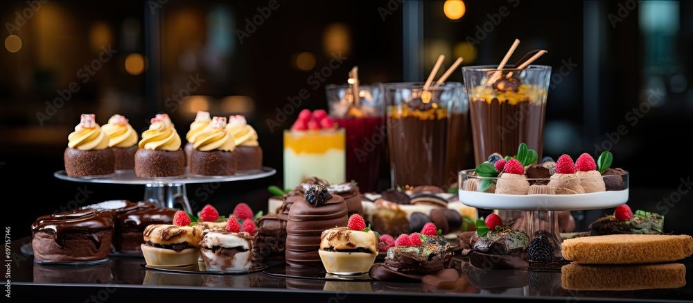 Dessert selection at the restaurant event: candy bar, cakes, pastries, muffins, sugar treats.