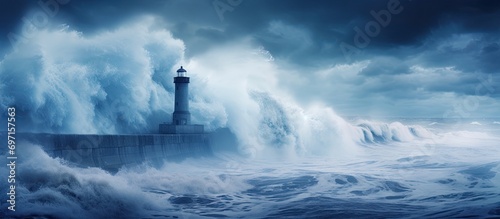Douro river mouth's beacon and south pier captured dramatically amid heavy storm and big waves, using an infrared filter that imparted a blue tone.