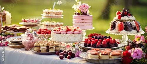 Dessert buffet with homemade treats, outdoors at a wedding.