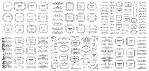 Big set of vector graphic elements for design. Decorative swirls or scrolls, vintage frames , flourishes, labels and dividers. Retro vector illustration
