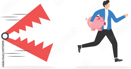 Investment and trap. Business person holding piggy bank and run away from traps

