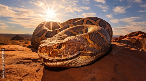 A coiled python resting on a sun-warmed rock in a desert landscape photo