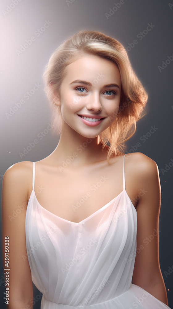 Fototapeta premium the 3D hyper-realistic world of fashion as a model strikes a pose over a gray background, adorned in a long silk gown with chiffon fabric. Generative AI.