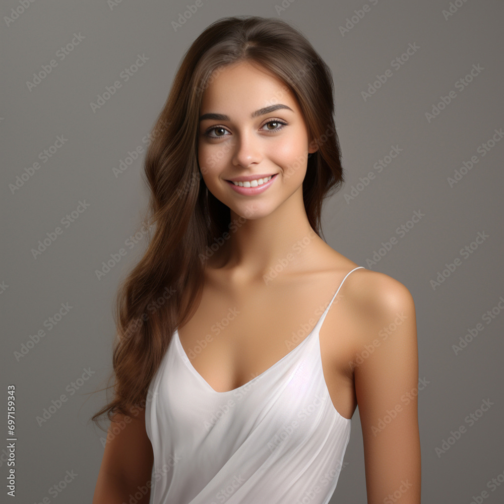 the 3D hyper-realistic world of fashion as a model strikes a pose over a gray background, adorned in a long silk gown with chiffon fabric. Generative AI. the 3D hyper-realistic world of fashion as a model strikes a pose over a gray background, adorned in a long silk gown with chiffon fabric. Generative AI.