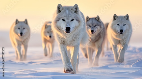 A pack of wolves traversing a snow-covered landscape in the Arctic tundra