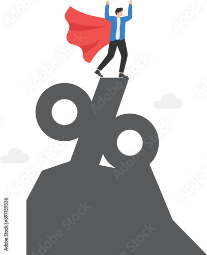 Super business businessman standing on the top of percentage sign. Concept business vector illustration, Leader or manager, Percent and Growth, Achievement.

