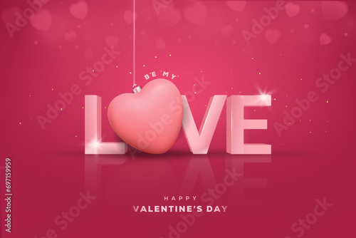 Horizontal banner with pink sky and typography with heart. Place for text. Happy Valentine's day sale header or voucher template with hearts. Heart border frame pastel colors. photo