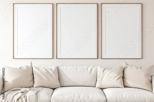 Three Frame mockup, Living room wall poster mockup. Interior mockup with house background. Modern interior design. photo