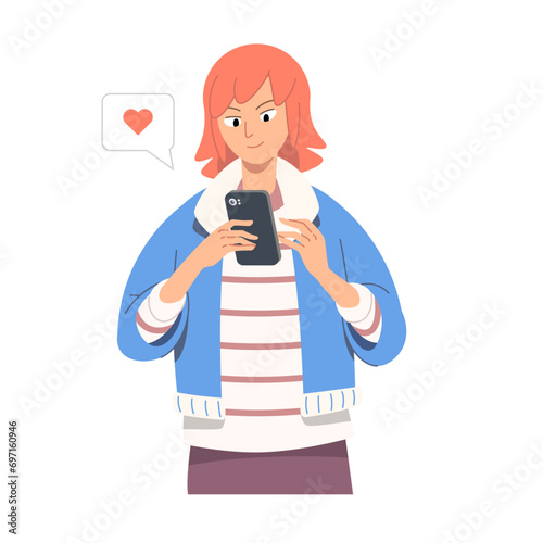 Using smartphone illustration. Young girl checking her smartphone with love emoji
